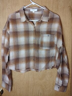 No Comment Cropped Plaid Button-Up Shirt - Brown & Cream